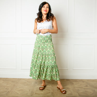Flora Stamp Tiered Skirt in green featuring a beautiful detailed floral paisley print 