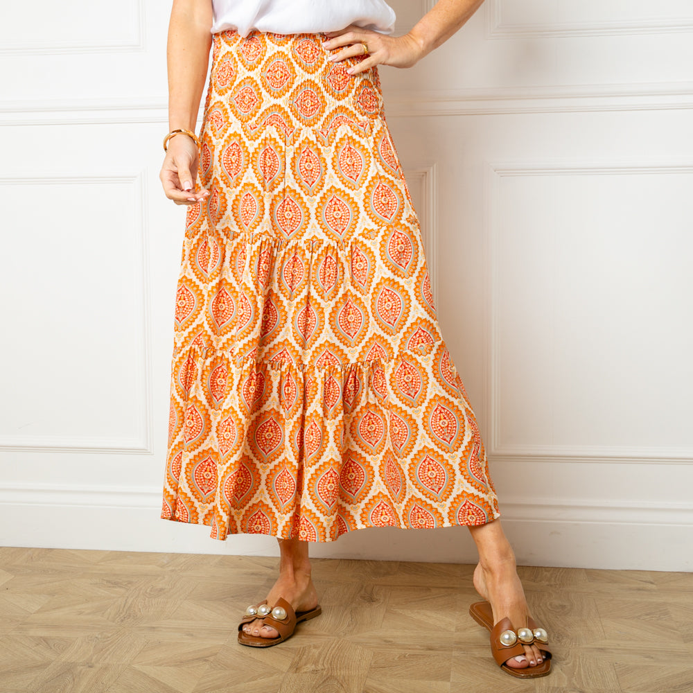 Flora Stamp Tiered Skirt in orange featuring a beautiful detailed floral paisley print 