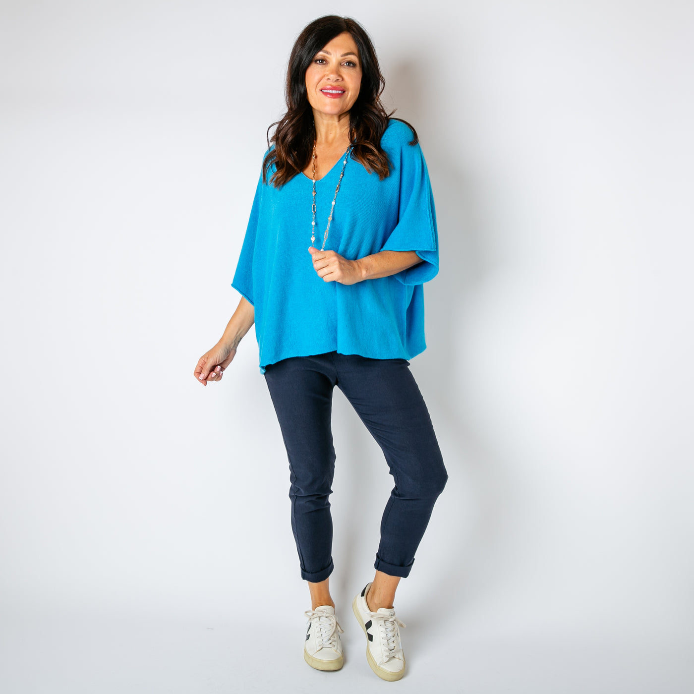 The electric blue 3/4 Sleeve Batwing Jumper made from a super stretchy fine knitted blend