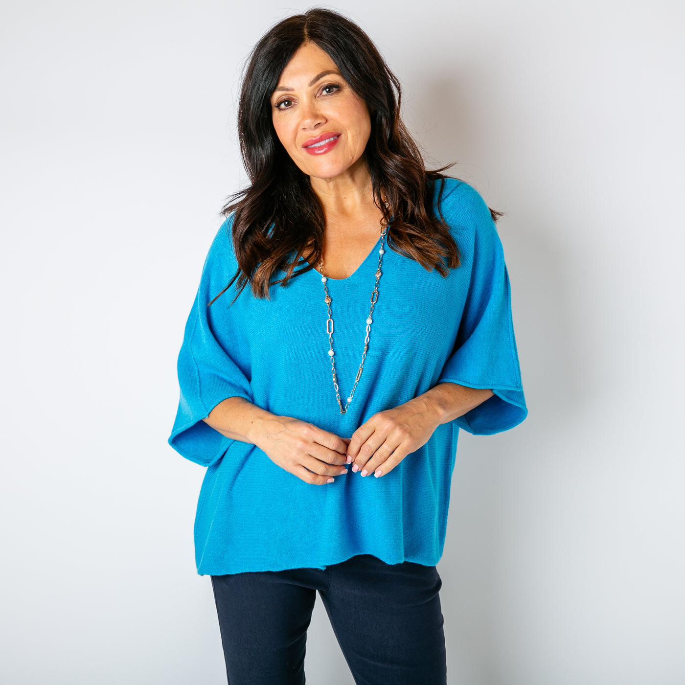 The electric blue 3/4 Sleeve Batwing Jumper which is great for layering