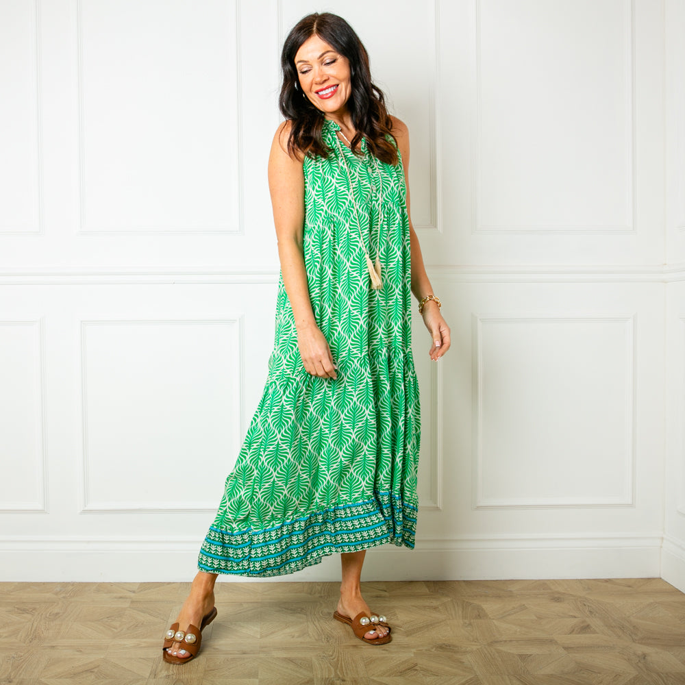 The green All Over Print Maxi Dress featuring a vibrant leaf style print perfect for summer