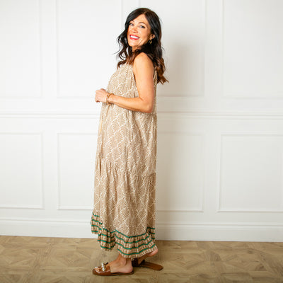The stone cream All Over Print Maxi Dress featuring a vibrant leaf style print perfect for summer
