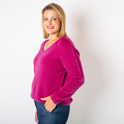 The berry purple Alpaca Blend V Jumper in a cropped length with a seam detail on either arm