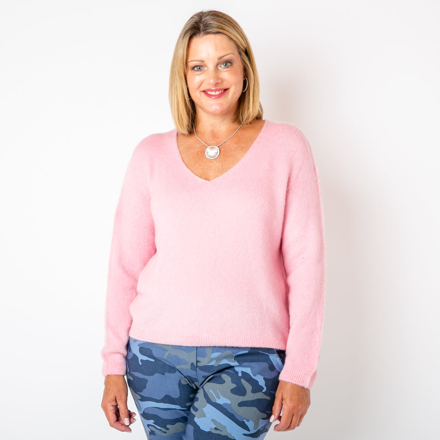 The Sugar pink Alpaca Blend V Jumper with long sleeves and a V neckline