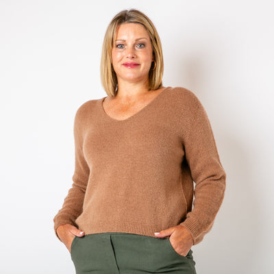 The Toffee Brown Alpaca Blend V Jumper with long sleeves and a V neckline