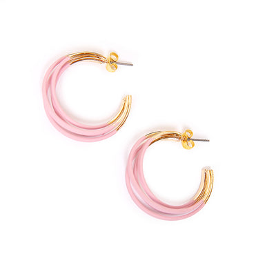 The three layered Aria hoop Earrings in pink and gold with a butterfly back
