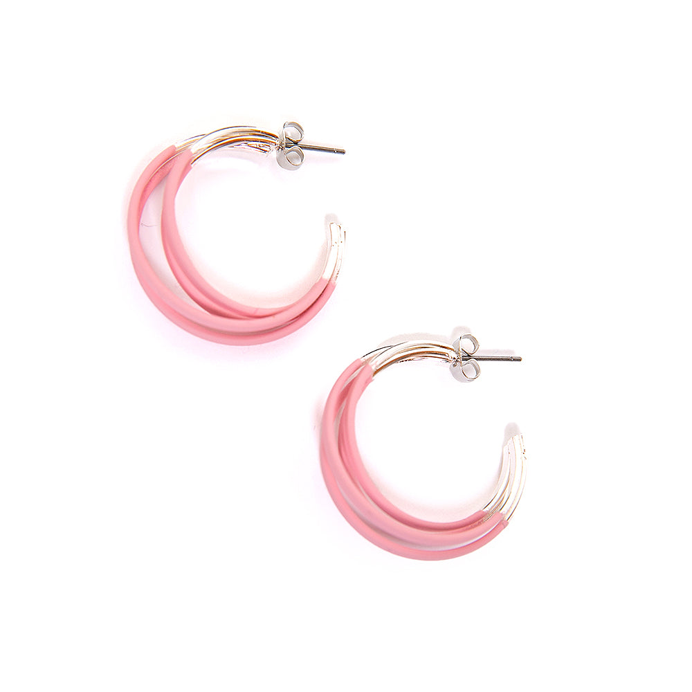 The three layered Aria hoop Earrings in pink and silver with a butterfly back