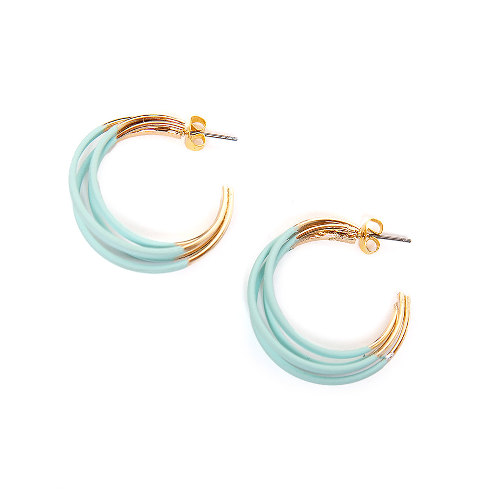 The three layered Aria hoop Earrings in turquoise blue and gold with a butterfly back