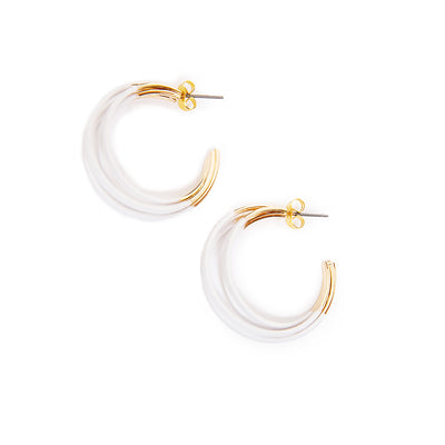 The three layered Aria hoop Earrings in white and gold with a butterfly back