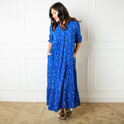 The royal blue Asymmetric 3/4 Sleeve Tea Dress in a maxi length with an alternating tiered structure down the skirt