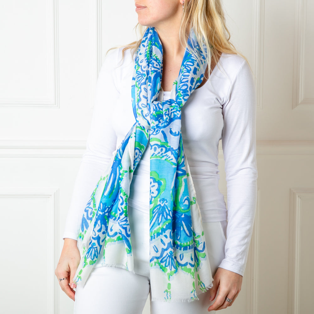 The beautiful blue Bali Scarf which can be worn in so many ways for spring and summer outfits