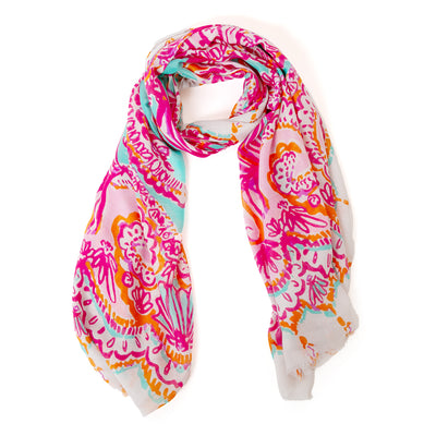 The fuchsia pink Bali Scarf with a white background and hints of blue and orange