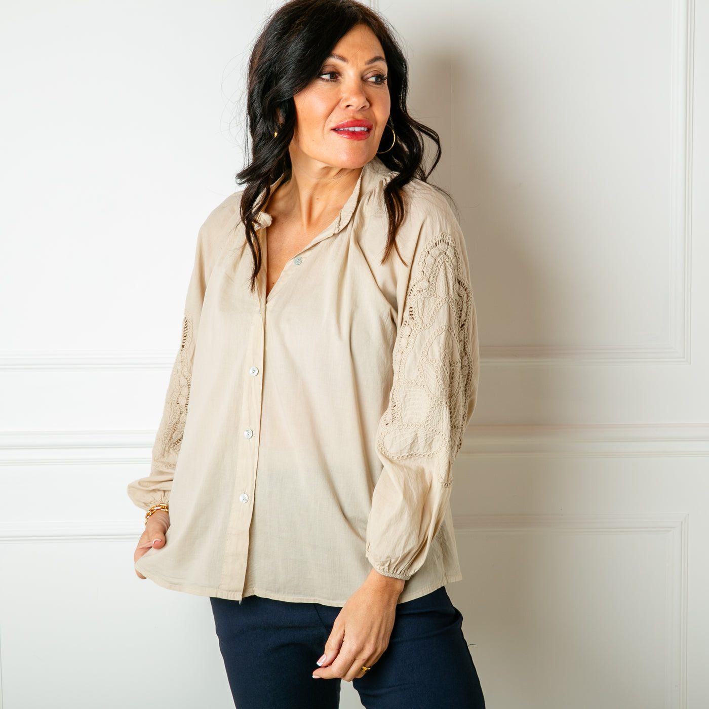 The Balloon Sleeve Shirt in stone cream with long sleeves featuring beautiful broderie embroidery detailing
