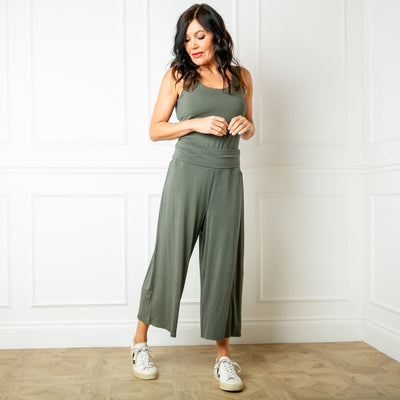 The khaki green Bamboo Fold Over Pants with a stretchy elasticated waistband which can be rolled or folded for desired fit and comfort
