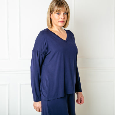 The navy blue Bamboo Long Sleeve Top made from a super soft and stretchy material for maximum comfort