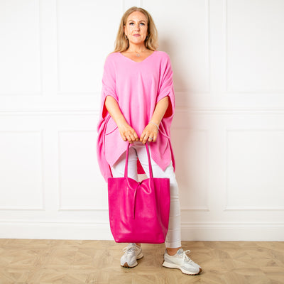 The fuchsia pink Berlin Leather Tote Bag made from a thin, flexible soft Italian Leather