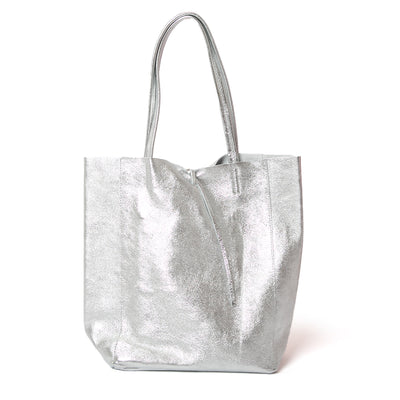 The silver metallic Berlin Leather Tote Bag with a tie detail at the opening for fastening