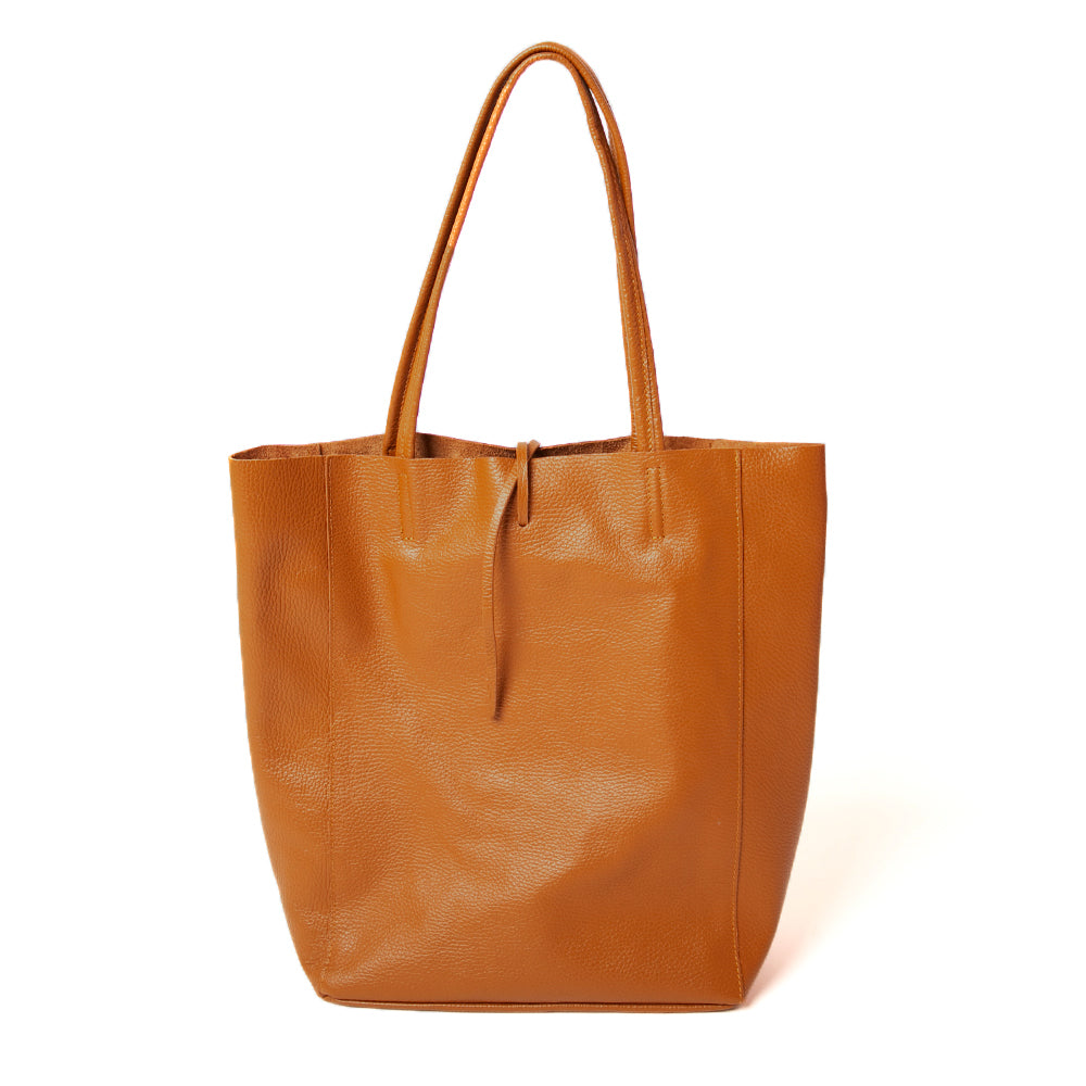 The tan brown Berlin Leather Tote Bag with a tie detail at the opening for fastening