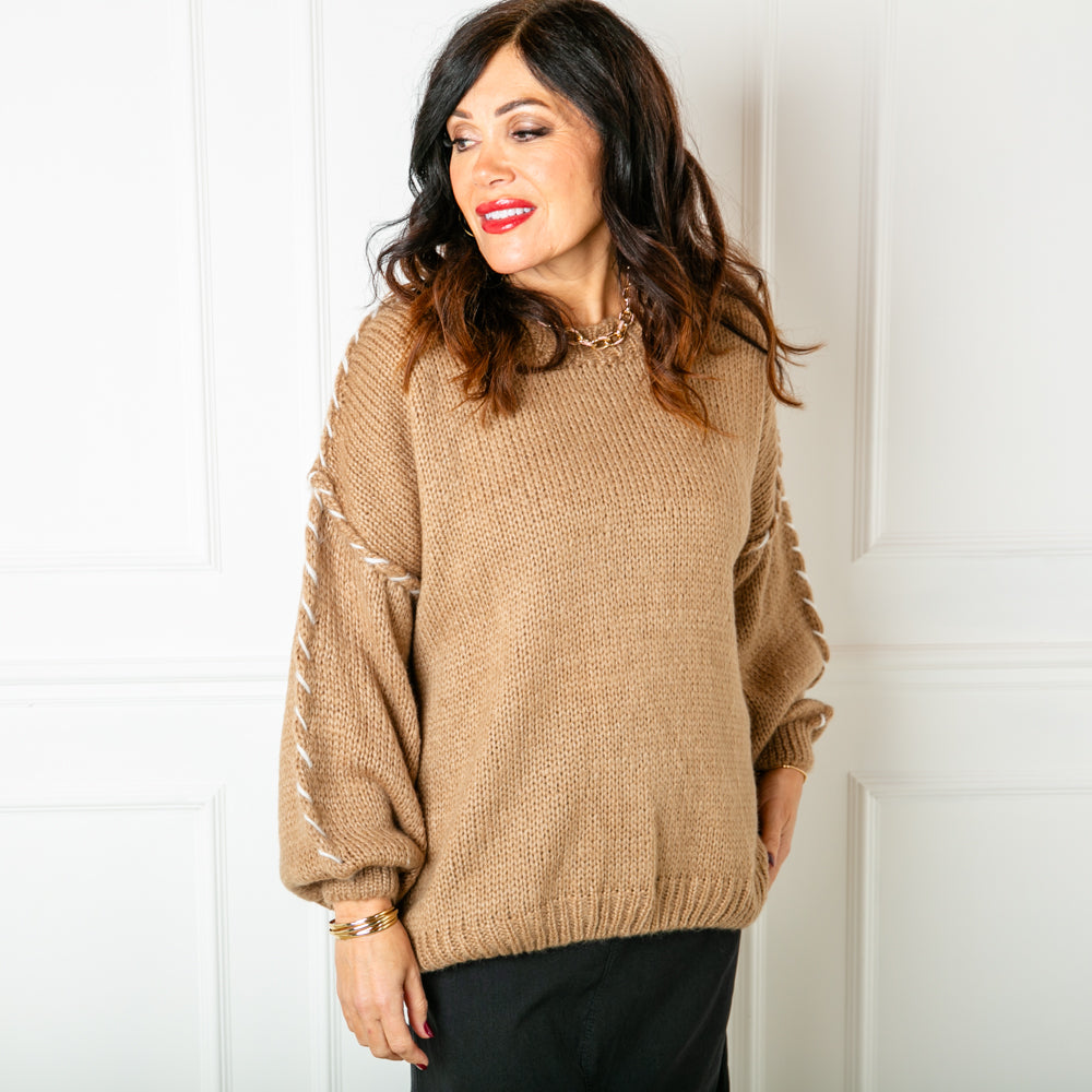 The camel brown Blanket Stitch Jumper with long sleeves and a high round neckline 