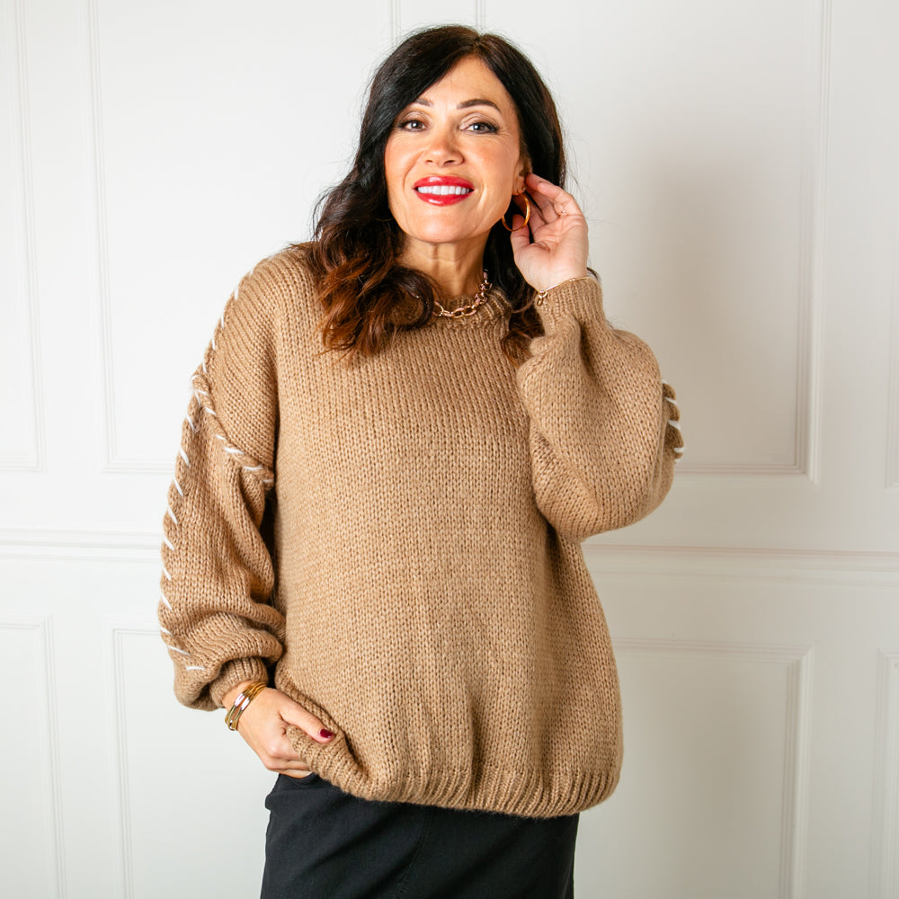 The camel brown Blanket Stitch Jumper made from a blend of acrylic, nylon, mohair and wool