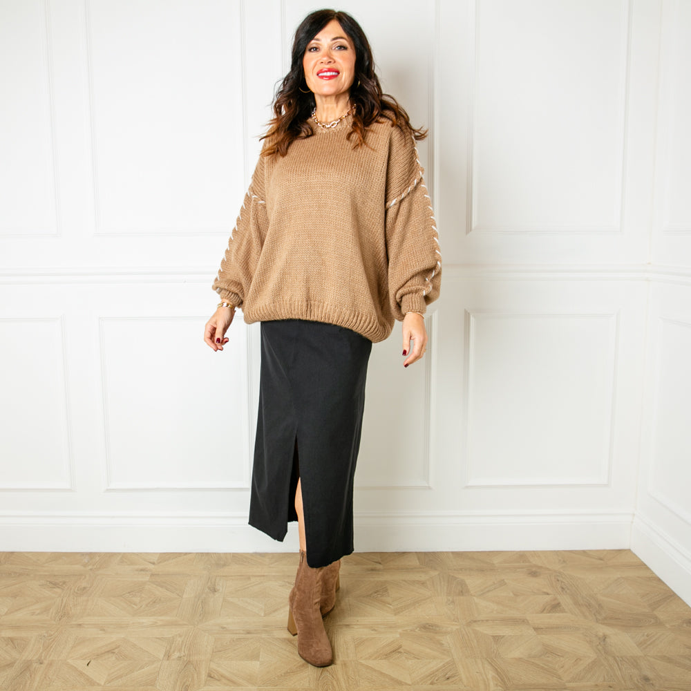The camel brown Blanket Stitch Jumper with contrasting white stitching down the arms sleeves