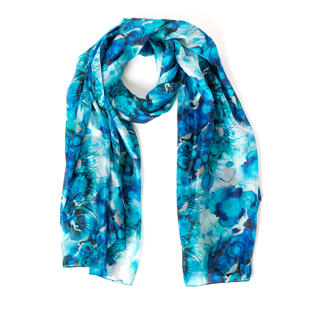 The Blue Ink Dot Silk Scarf featuring a beautiful abstract circle pattern