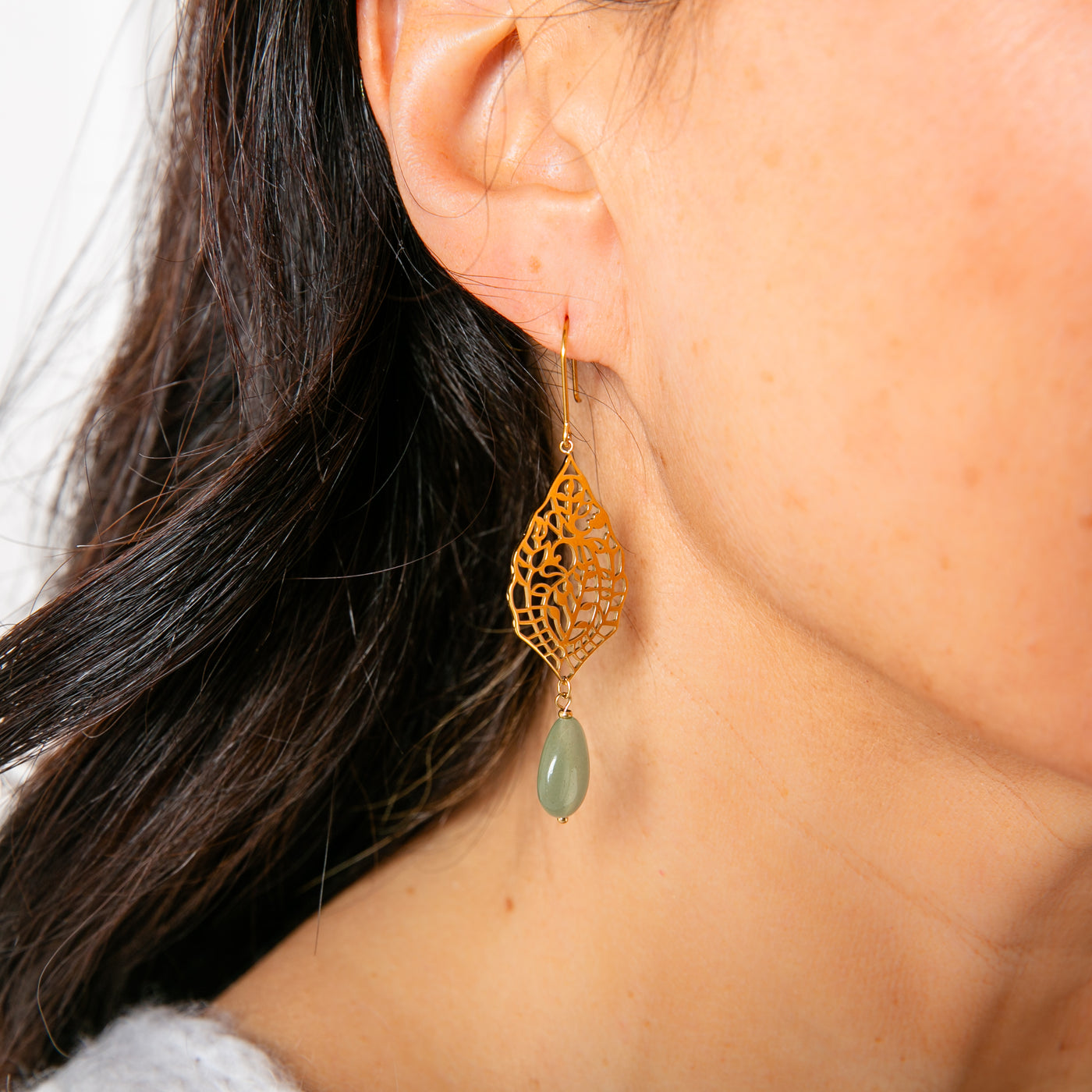 The Bonnie Earrings in green in a beautiful teardrop shape with leaf and flower detailing