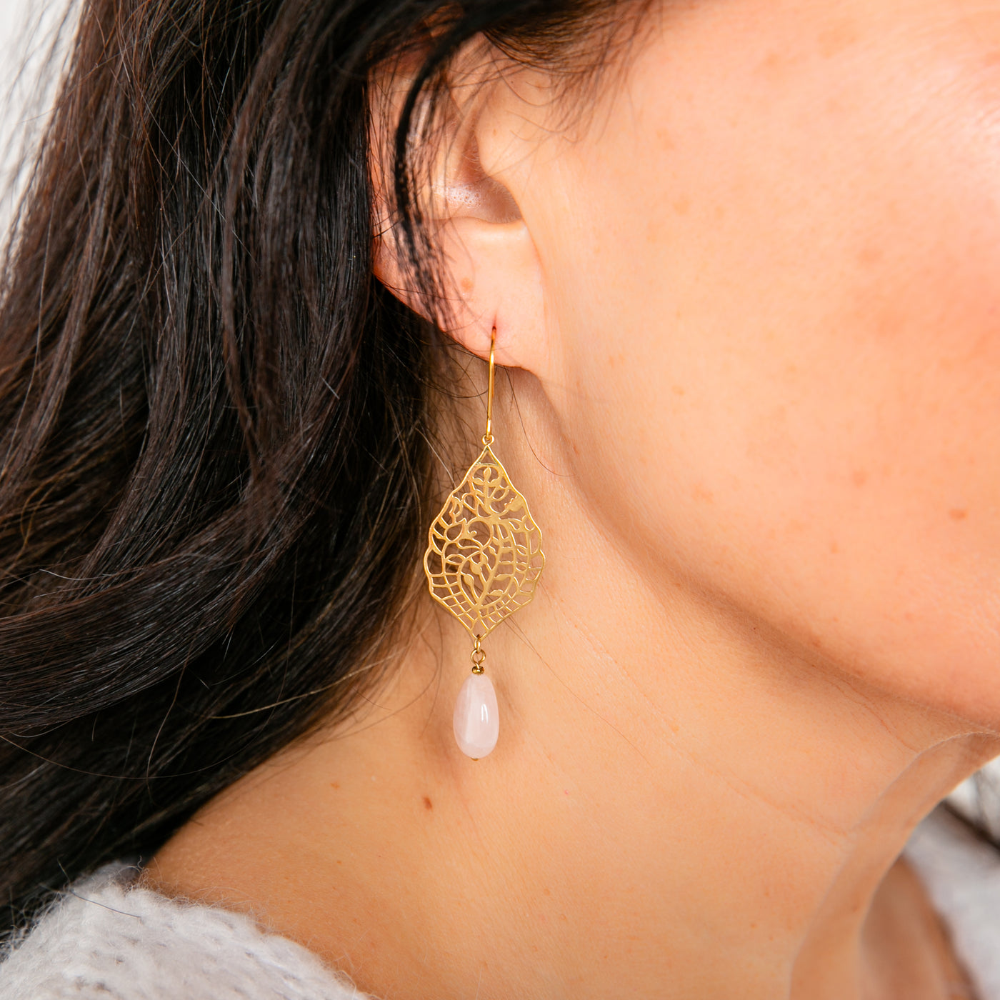 The Bonnie Earrings in pink in a beautiful teardrop shape with leaf and flower detailing