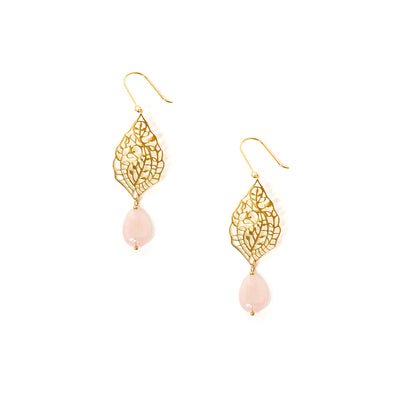 The Bonnie earrings in gold and pink with a hook fastening and a gemstone at the bottom
