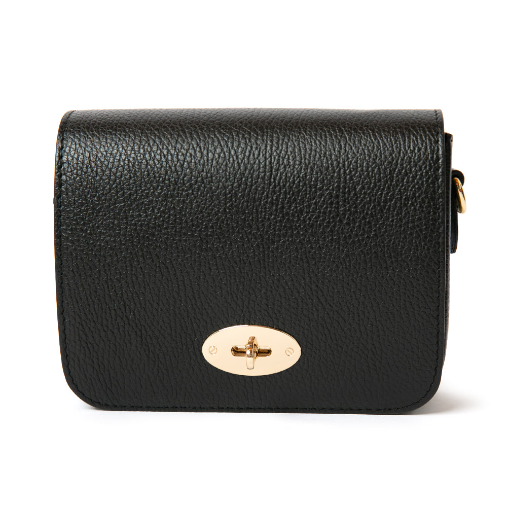 The black Buckingham Leather Handbag which features a twist clasp fastening in gold metal hardware