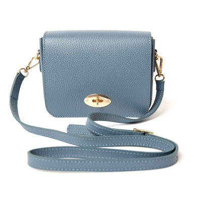 The denim blue Buckingham Leather Handbag which is made from 100% Italian leather with gold metal hardware