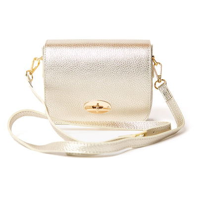 The gold metallic Buckingham Leather Handbag which is made from 100% Italian leather with gold metal hardware