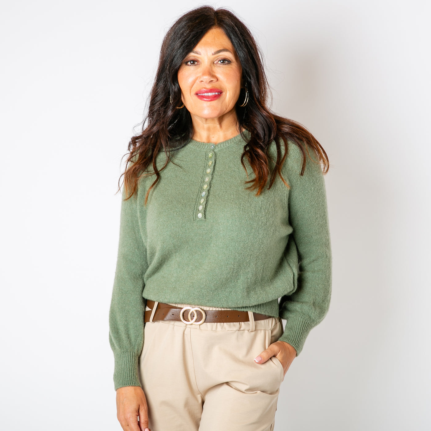 The khaki green Button Crew Alpaca Jumper with long sleeves and a round crew neckline