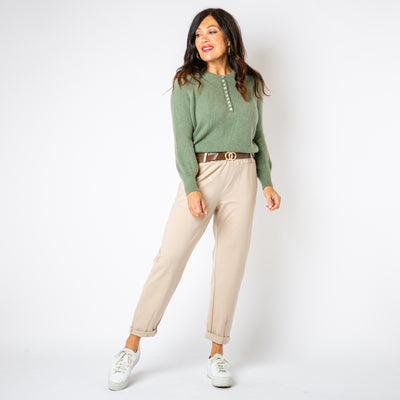 The khaki green Button Crew Alpaca Jumper with an iridescent button detail down the front