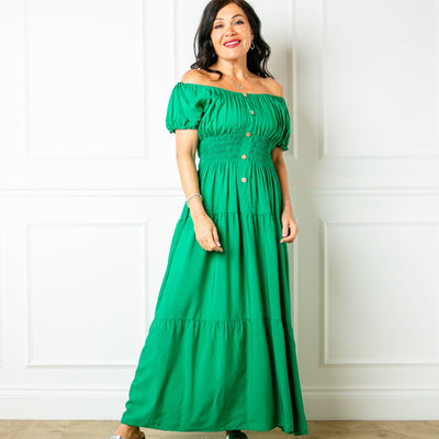The emerald green Button Front Maxi Dress with short puffy sleeves that can be worn on or off the shoulder