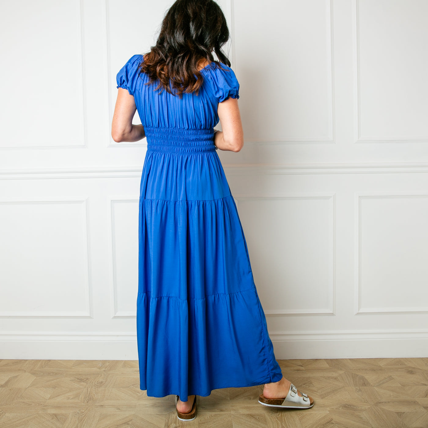 The royal blue Button Front Maxi Dress with a tiered maxi skirt, perfect for your summer holiday