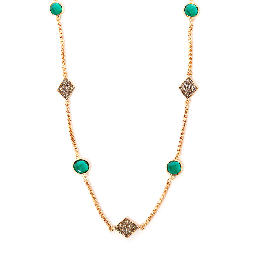 The Camilla Necklace in gold with green circle pendants and sparkly diamante pendants around the chain