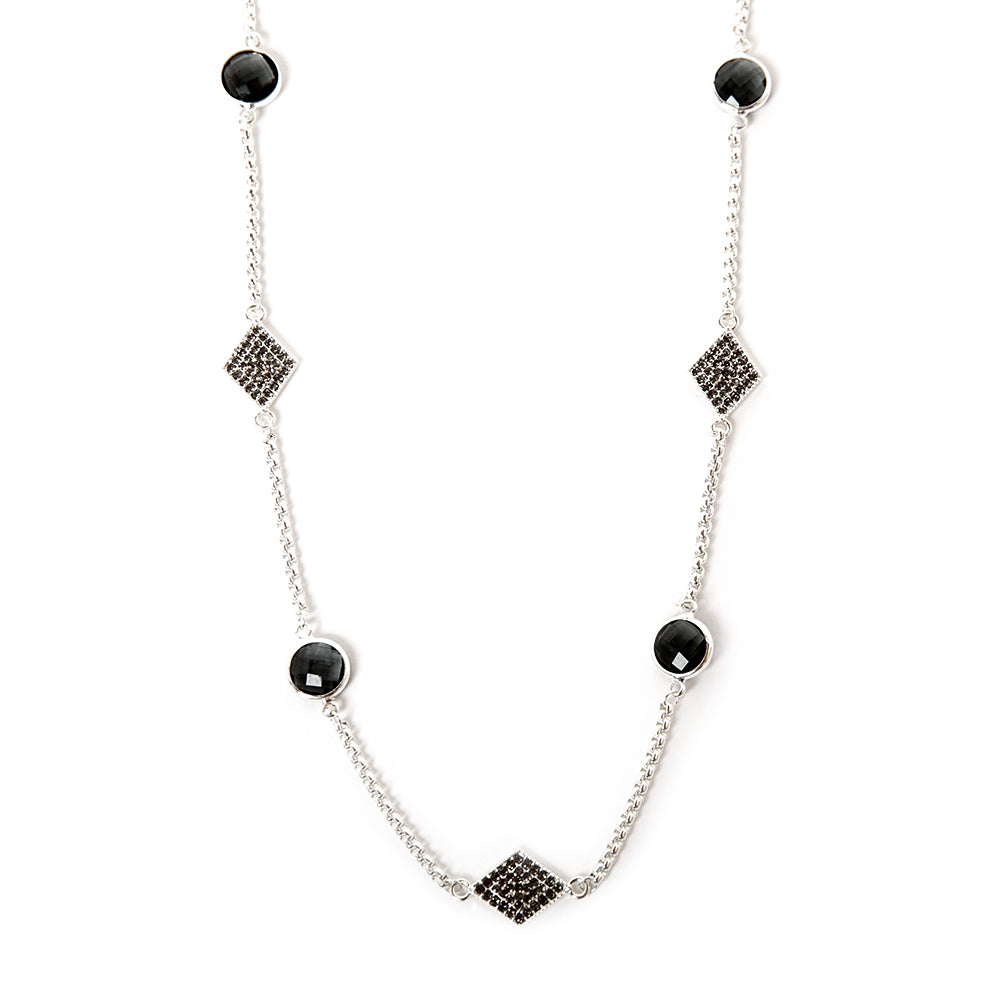 The Camilla Necklace in silver with black circle pendants and sparkly diamante pendants around the chain