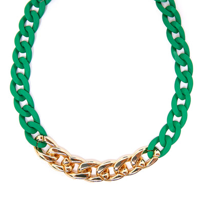 The emerald green Camilo Necklace with a chunky chain, part colourful CCB, part gold plating
