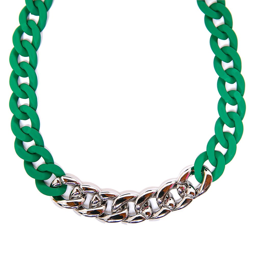 The emerald green Camilo Necklace with a chunky chain, part colourful CCB, part silver plating