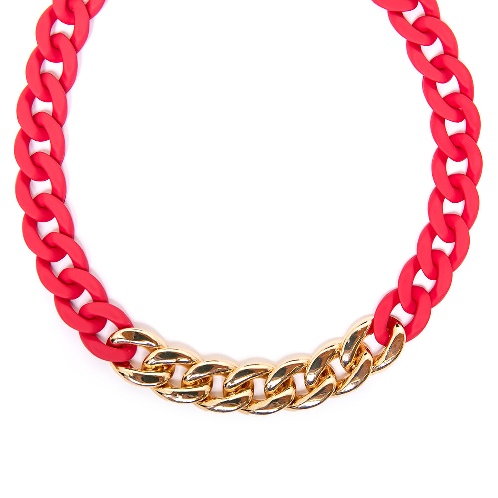 The fuchsia pink red Camilo Necklace with a chunky chain, part colourful CCB, part gold plating