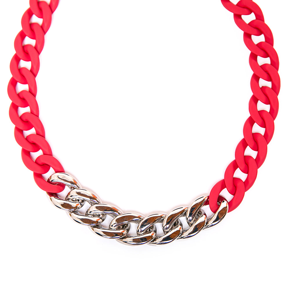 The fuchsia pink red Camilo Necklace with a chunky chain, part colourful CCB, part silver plating