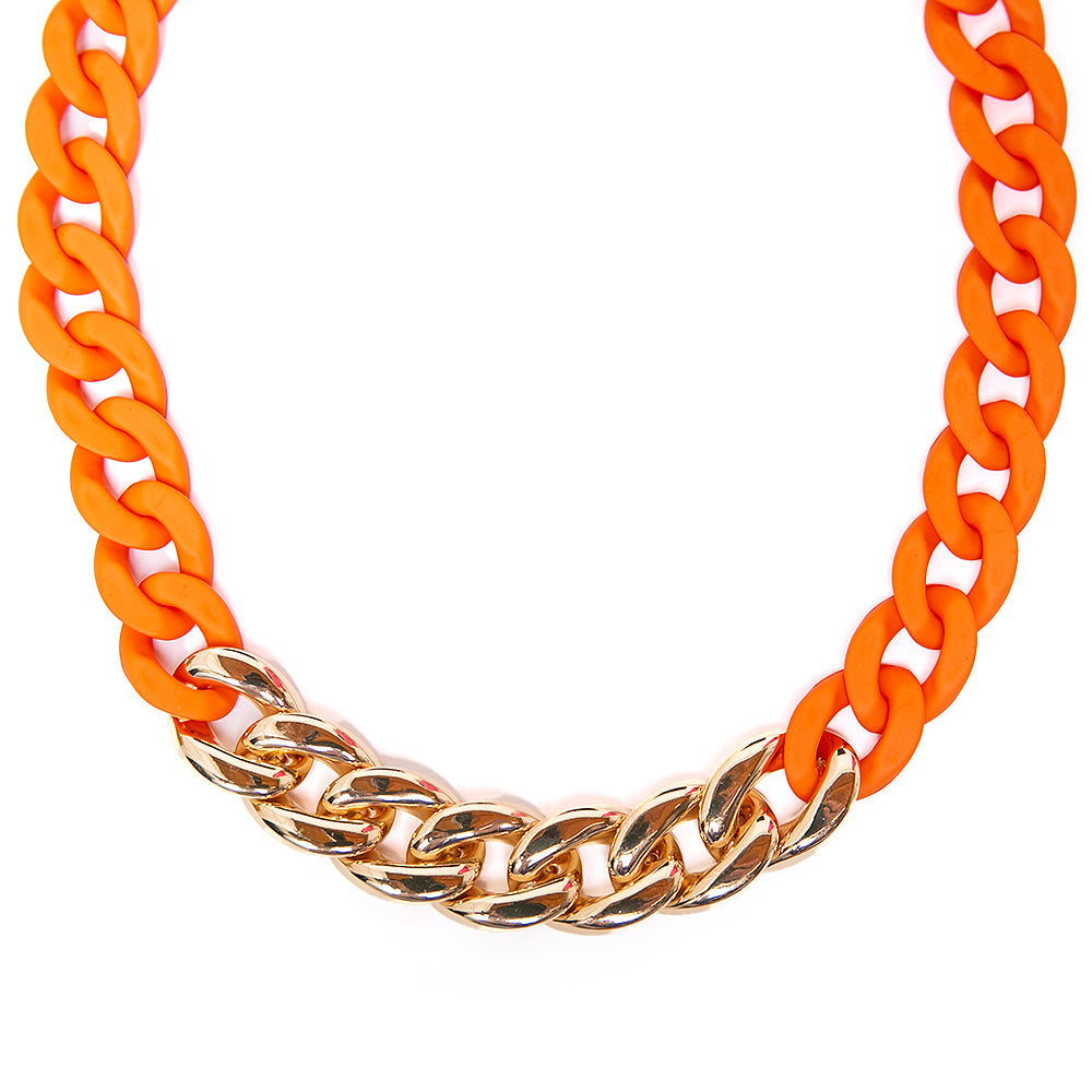 The orange Camilo Necklace with a chunky chain, part colourful CCB, part gold plating