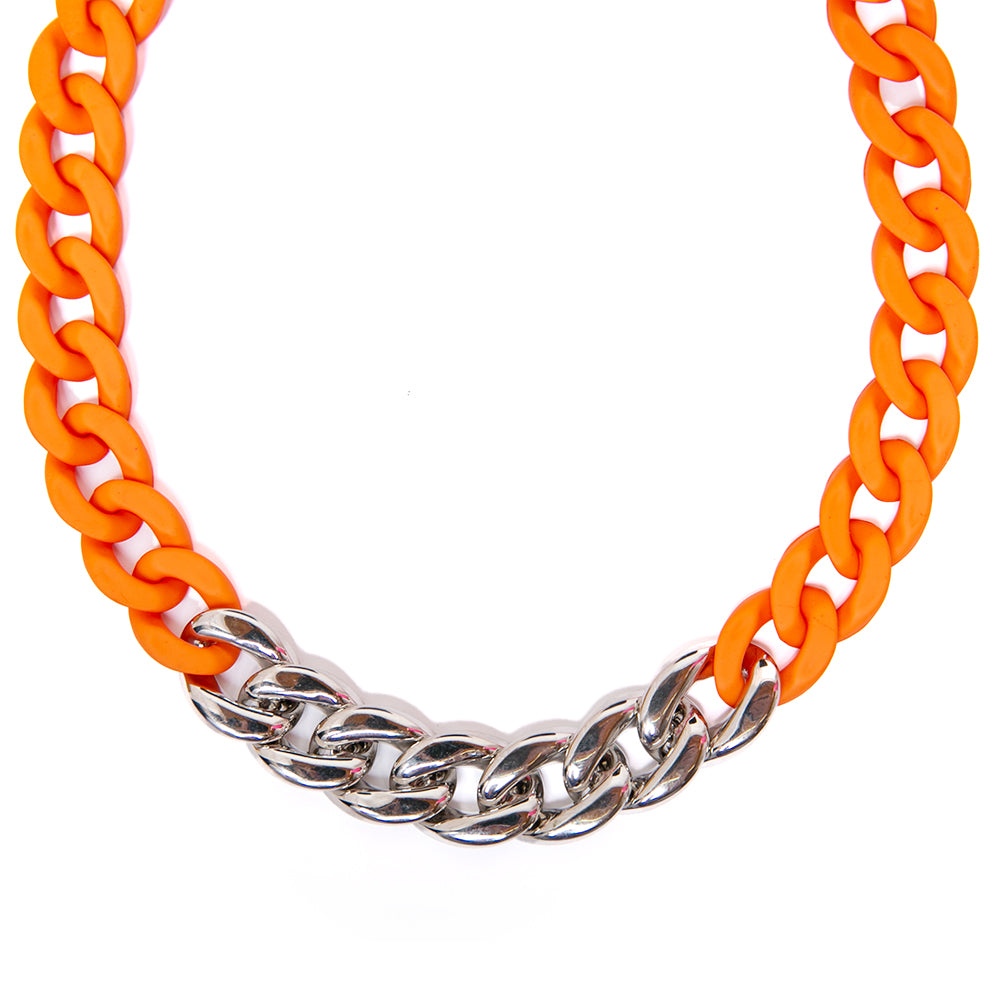 The orange Camilo Necklace with a chunky chain, part colourful CCB, part silver plating