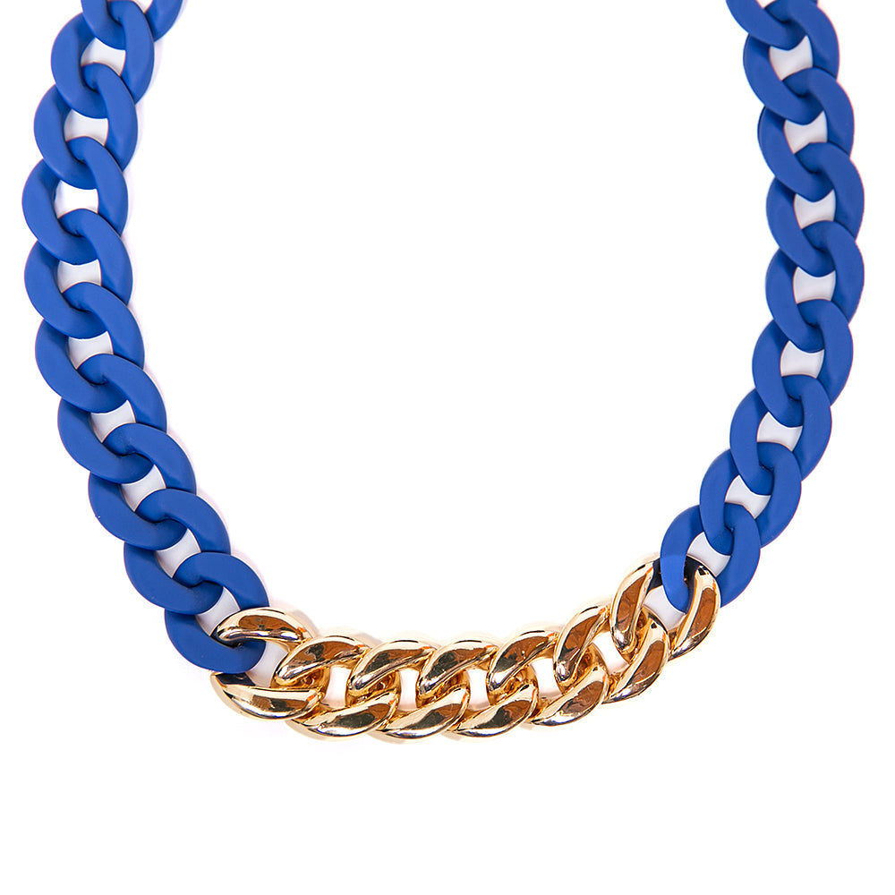 The royal blue Camilo Necklace with a chunky chain, part colourful CCB, part gold plating