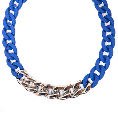 The royal blue Camilo Necklace with a chunky chain, part colourful CCB, part silver plating