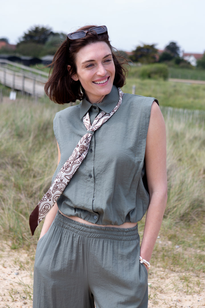 Cinched Waist Shirt with Paisley Scarf