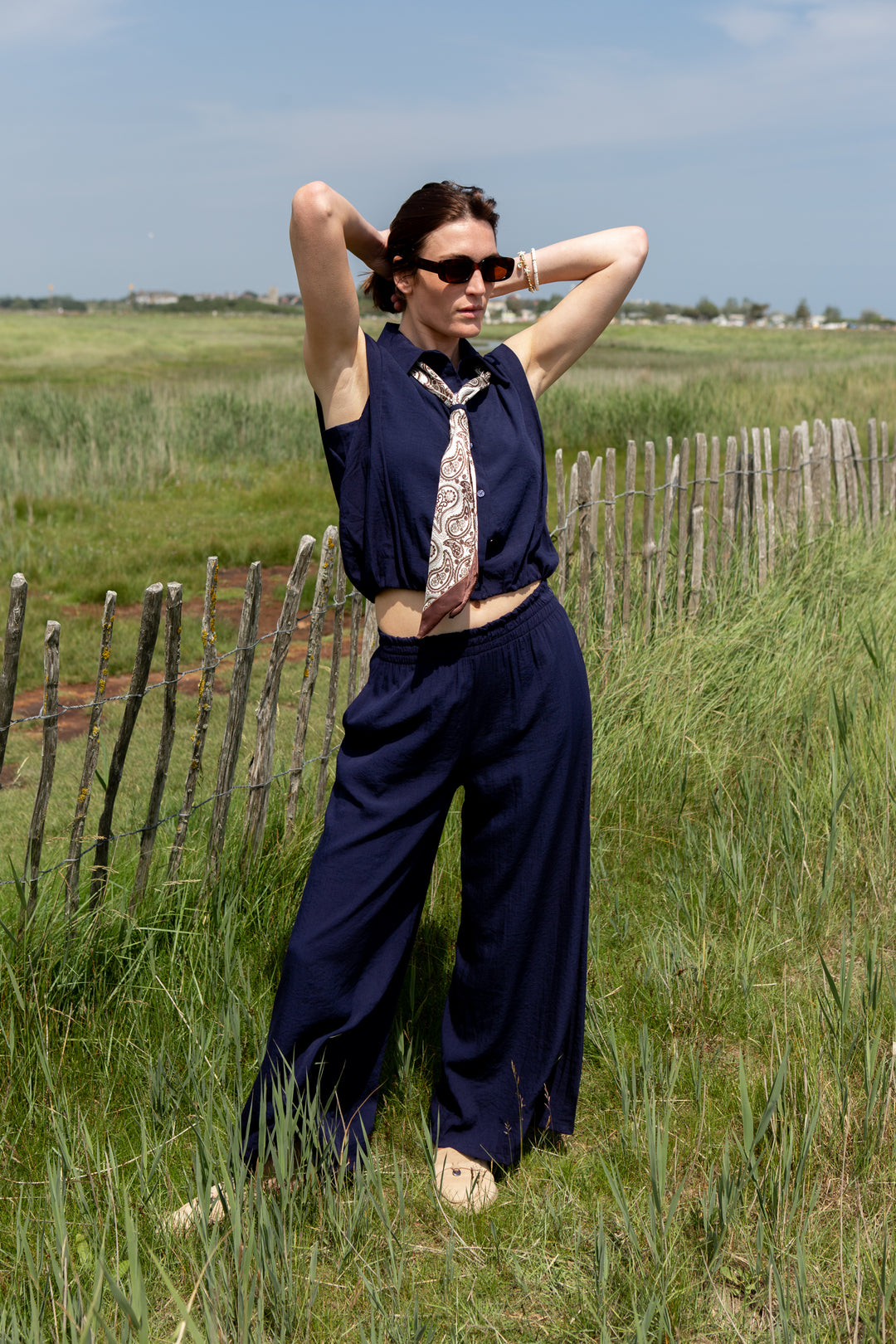 Cinched Waist Shirt with Paisley Scarf