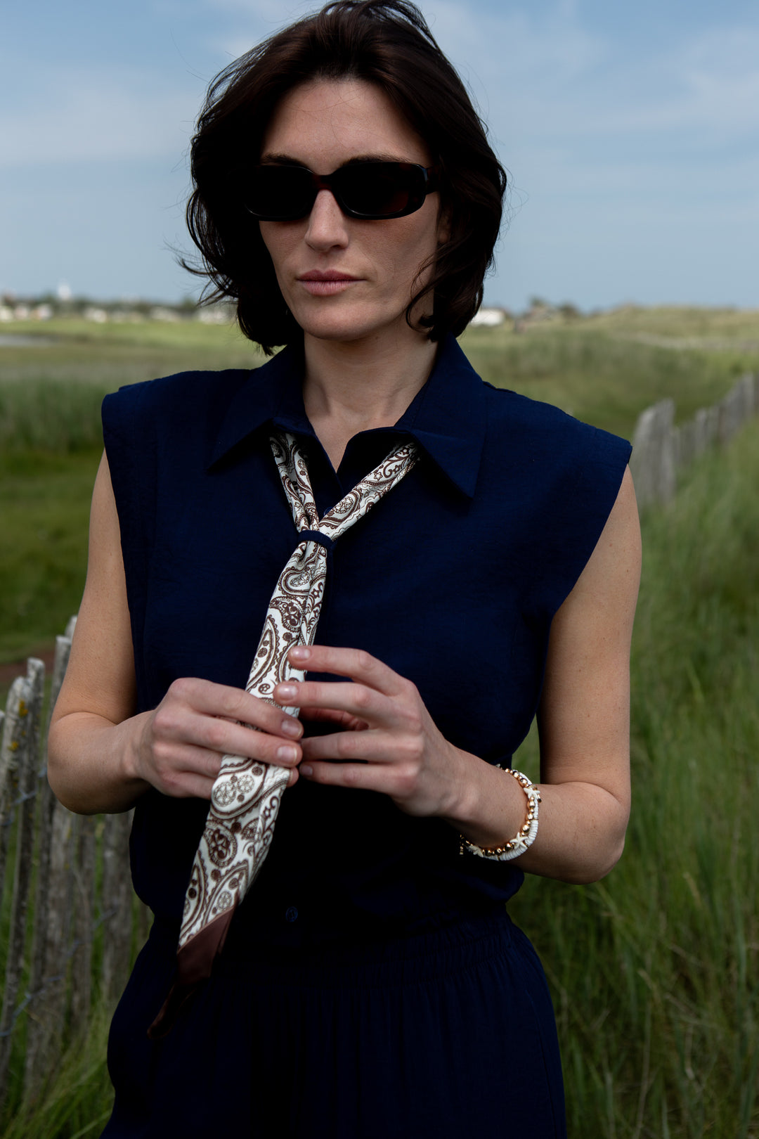 Cinched Waist Shirt with Paisley Scarf