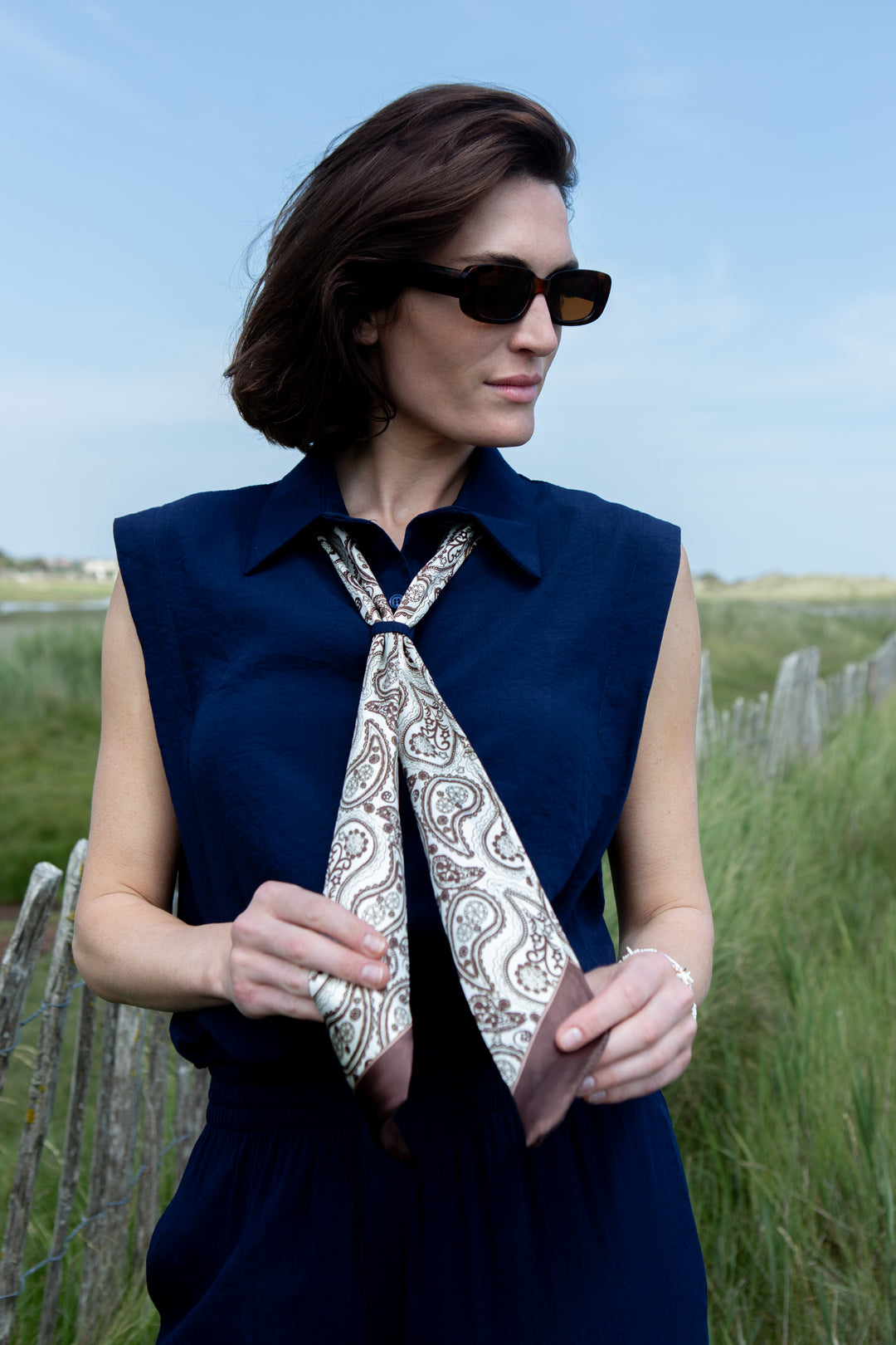 Cinched Waist Shirt with Paisley Scarf